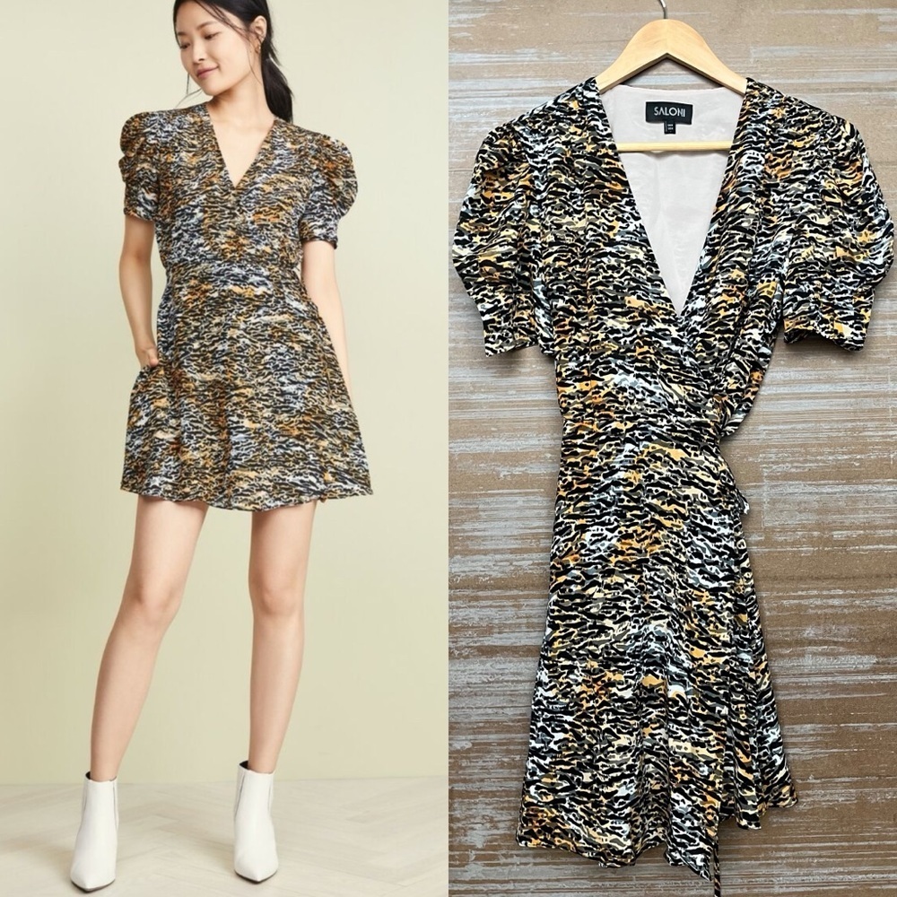 Saloni Ink Tiger Silk Wrap Dress Preppy Cocktail Event Wedding Womens 4